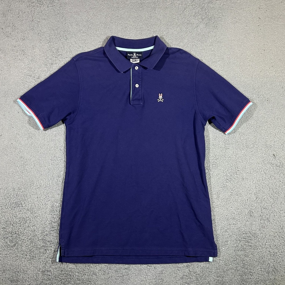 Psycho Bunny Men 6 Blue Pima Pique Polo Shirt Embroidered Striped Skull Logo L